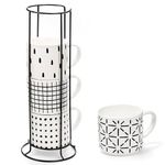 TOPZEA Set of 4 Stackable Coffee Mugs with Stand, 15 oz Ceramic Coffee Cups Set with Metal Holder Rack for Cappuccino, Espresso, Latte, Tea, Hot Cocoa, Housewarming Gifts, Geometric Texture