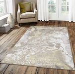 NEW BEIGE CREAM GOLD SPLASH MARBLE SHIMMER SHEEN EFFECT MODERN RUG SILKY SOFT CHIC DESIGN AREA MAT (200x290cm)