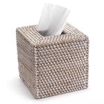 YANGQIHOME Rattan Tissue Box Cover Square, Hand Woven Wicker Tissue Holder, 14.5 x 14.5 x 14.5 cm, Whitewash