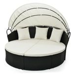 HAPPYGRILL Patio Round Daybed, Wicker Daybed with Retractable Canopy, Separated Seating Sectional Sofa with Cushions & Pillows, Clamshell Daybed for Backyard Porch Poolside