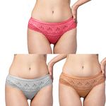 QUME99 Young Women's Lace net Panty- Pack of 3 Panties Hipster Style, Cotton Fabric, Mid-Rise, Soft, Light-Weight for Women XS, S, M, L, XL, XXL, 2XL (S, Red, Gold, Grey)