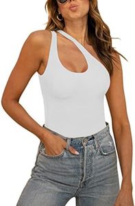 REORIA Women's Summer Sexy One Shoulder Cutout Front Sleeveless One Piece Tank Tops Backless Thong Bodysuits Leotards for Going Out Plus Size White X-Large