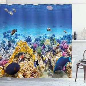 Ambesonne Ocean Decor Shower Curtain, Underwater Sea World Scene with Goldfish Starfish Jellyfish Depth Diving Concept, Fabric Bathroom Decor Set with Hooks, 70 inches, Turquoise