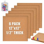 YCCYYCCY 12"x12" (30.5 X 30.5cm) Self-Adhesive Cork Borad, 1/2" (12mm) Thick Cork Boards for Walls, 6 Pack Bulletin Board with 50 Push Pins, Cork Board Tiles for Office, Home, School(12mm,6P,CA)