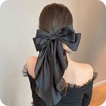 WHISKET Big Satin Layered Hair Bows for Women Girls Barrette Hair Clip Long Ribbon Bows Style Hair Accessories [PACK OF 2] (BLACK)