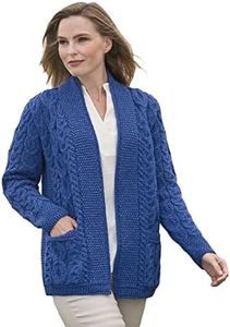 Aran Crafts Cardigan irlandais tricoté bord à bord, 100 % laine mérinos (X5170), Bleu chiné, M