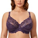 DELIMIRA Women's Plus Size Bras Full Coverage Lace Underwire Unlined Bra Deep Plum 38DD