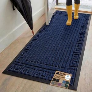 Gorilla Grip 100% Waterproof All-Season WeatherMax Doormat, 72x24 Runner, Durable Natural Rubber, Stain and Fade Resistant, Low Profile, Indoor Outdoor Doormats, Easy Clean Patio Mat, Navy Greek Keys