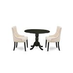 East West Furniture DLFR3-BLK-02 Modern Dinette Set 3 Pc - Light Beige Linen Fabric Button-tufted Dining Chairs - Black Finish Solid wood drop leaves Pedestal Mid-century Dining Table and Structure
