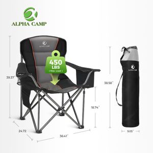 ALPHA CAMP Folding Camping Chair for Adults – Padded, Heavy Duty, Cup Holder, Cooler Bag, Black