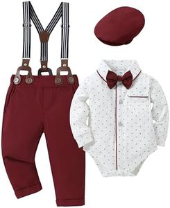 CARETOO Baby Boy Clothes Infant Boy Gentleman Outfits Suit,Dress Shirt + Suspender Pants + Bowtie + Beret Hat Wedding 0-18M, White Printing, 12-18 Months