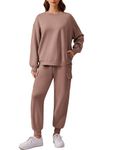 PINSPARK Sweatsuits Women 2 Piece Outfit Oversize Pullover Top Drawstring Cargo Pants Y2K Jogging Sweatsuit, Taupetastic Small