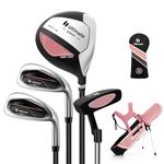 Tangkula Kids Golf Club Set Right Hand, Junior Complete Golf Club Set with 300CC #1 Driver & #7/#S Irons & Putter, Head Cover & Rain Hood, Golf Stand Bag, Golf Clubs Set for Children Age 8-10 (Pink)