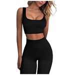 DOGZI Women Yoga Sets Seamless Ribbed 2 Piece Sports Cropped Vest Top High Waist Legging Gym Workout Outfits Exercise Tracksuit Cycling Sportswear Christmas Gifts for Kids,Black,S