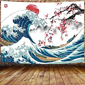 MERCHR Japanese Ocean Tapestry, Cool Artistic Wave Wall Tapestry, Asian Anime Mount Red Sun Cherry Blossom Decorations Tapestry Wall Hanging for Bedroom, 71 x 60 Inches