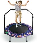 36'' Kids Mini Trampoline with Adjustable Handles Padded Safety Cover Indoor or Outdoor Jumping Fitness Exercise Trampoline Happy Play Time Purple Planet Toddler Children Boy & Girl