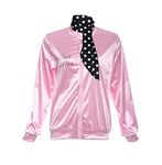 CAIYING Ladies 50S Grease T Bird Danny Pink Satin Jacket Halloween Costume with Scarf (Pink, X-Large)