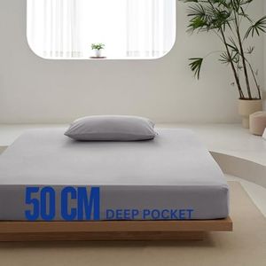 PILOO - Fitted Sheet 1-Piece, Extra Deep Pocket (50cm), Extra Soft, Easy Care, 2000TC Microﬁbre (Gray, Single)