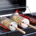 Ivtivfu Nesting Grill Baskets (2PCS), Removable Wooden Handle, 304 Stainless Steel, Rolling Grilling Net, BBQ Accessories Tools for Vegetables Shrimp, Gifts for Men Dad Husband, Outdoor Cooking Camping