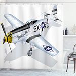 Vintage Airplane Decor Shower Curtain by Ambesonne, P-51 Mustang Dallas Doll Detailed Illustration American Air Force, Fabric Bathroom Decor Set with Hooks, 75 Inches Long, Multicolor