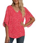 Jouica Womens Flower V-Neck Chiffon Blouse 3/4 Sleeve Loose Top Shirt for Women,BD Red,Medium