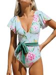 CUPSHE Women Swimsuit One Piece V Neck Ruffle Tropical Floral Print Bathing Suit with Removed Waist Tie Light Blue M