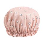 Shower Caps Waterproof Double Layers Shower Caps Elastic Band Lovely Cat Pattern Reusable Bath Hat for Women Girls (Pink)