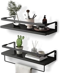 Black Floating Shelves Wall Mounted, Bathroom Wall Shelf with Towel Bar, Wood Decor Rustic Floating Shelves Set of 2, Storage Shelves for Kitchen, Bathroom, Laundry Room etc (Black)