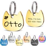 Anavia Small Size Dog Cat ID Tags, Small/XS Personalized Color Plated Stainless Steel Puppy Kitten Name Tags, Customized Engraved Nameplate Pet Collar Tag (Gold, Cat Head)