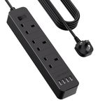 JSVER Extension Lead with USB Slots, 5M Power Strip 3250W 13A with 3Way and 4 USB Smart Charging Ports Desk Power Socket with Switch for Home Travel-Black