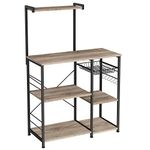 VASAGLE Baker's Rack with Shelves, Microwave Rack with Wire Basket, 6 S Hooks, Kitchen Shelf, Tool Storage for Spices, Pans and Pans, Greige and Black KKS035B02