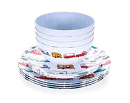 Camco Life is Better at The Campsite Dishware Set | Includes (4) Large Dinner Plates, (4) Small Salad Plates and (4) Bowls | Top Rack Dishwasher Safe | Multi-Color RV and Truck Design (53295)