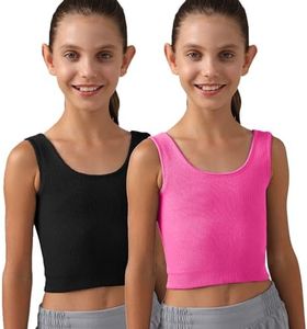 Girls Tank Tops Double Lined Ribbed Knit Crop Tops 2 Pack Basic Sleeveless Athletic Round Neck Dance Top BY002-Black Hpink-BS