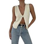 Geagodelia Knitted Waistcoats for Women Sleeveless Cardigan Knit Vest Top Button Down Open Front V Neck Ladies Knitwear (Beige, M)