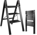 Teenza 3 Step Ladder, Handy Folding Ladder, Wide Steps, Can be used as A Shelf, 150 kg Load, Black (ST-03)