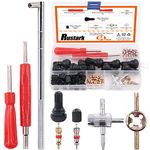 Rustark 65 pcs Tire Valve Stem Tool Puller and Installer Kit- 50 Pcs Valve Cores with Slotted-Head Valve Caps, Tire Stem Puller Tools,Dual Single Head Valve Core Remover and 4-Way Valve Tool