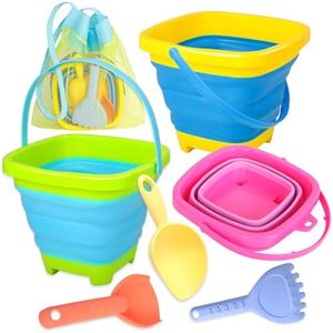 Xgunion Collapsible Beach Sand Bucket 3 Packs Foldable Sand Buckets Set with Shovels & Mesh Bag Collapsible Beach Toys for Kids Summer Sand Buckets for Kids Cruise Beach Essentials