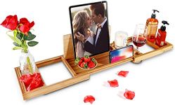 Premium Bamboo Bathtub Caddy Tray With Extending Sides, Adjustable Wood Bath Tray for Luxury Bath, Fits Most Tubs, Accessories Gift Idea