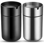 2 Pieces Car Ashtray with Lid Portable Ashtray for Car Mini Car Trash Can Stainless Steel Portable Detachable Windproof Self Extinguishing Butt Bucket for Outdoor Travel Home Office(Silver and Black)