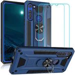 Ytaland for ZTE Blade A5 2020 Case,with 2 x Tempered Glass Screen Protector. (3 in 1) Shockproof Bumper Defender Protective Phone Cover with Ring Kickstand (Blue)