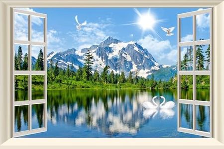 Fake Window Wall Sticker Decal Poster Picture Open Window Wall Art Decor, Stick and Peel Wallpaper Natural Scenery Blue River Scene Mural（16"x24"）