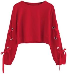 SweatyRocks Women's Casual Lace Up Long Sleeve Pullover Crop Top Sweatshirt Red X-Large