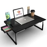 OPTIFINE Foldable Wooden Mini Laptop Table for Bed, Study Table with Drawer, Tablet/Mobile Holder for Kids & Adults->> (Black-US-COTTED-Black)