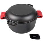 Cast Iron Dutch Oven with Skillet Lid - 10.23” (26 cm) Diameter, 5 qt (4.8 L) - Multi Cooker Stock Pot for Frying, Cooking, Baking & Broiling + 2 Silicone Potholders