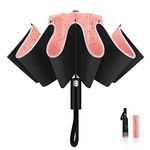 LAMA Folding Umbrella, Inverted Umbrella Windproof Strong, Auto Open/Close, Anti-UV, Compact, Portable Travel Umbrella with Reflective Stripes for Rain Sun,Pink