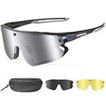 Odoland Polarized Magnetic Sports Sunglasses, Black Frame Plated Silver Lense, Replaceable Grey Lense and Night Vision Lense for Men Women Adult for Riding Driving Fishing