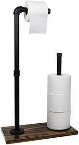 Excello Global Products Toilet Paper Holder Stand: Free Standing Toiler Paper Dispenser Bathroom Organizer with Reserve Storage. Industrial Cast Iron Pipe with Stained Woodnen Base. Size: 28" x 15.75"