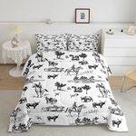 Western Comforter Set Full Size Sketch Cowboy Cow and Horse Bedding Set 3Pcs Farm Animal Quilt Set for Kids Boys Girls Adult Room Decor Black White Rustic Farmhouse Duvet Insert,2 Pillowcase