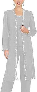 Botong 3 Piece Chiffon Beaded Pant Suits Mother of The Bride Pant Suits with Long Jacket for Women Formal 8 Sliver