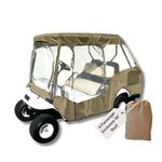 Formosa | 4 Person Golf Cart Drivable Enclosure Rain Cover Short Roof 58" EZGO, Club Car- Durable YKK Door Zipper - USA Biz (2 Front 2 Rear Facing Seat Bench) 4-Sided Clear Windows | Taupe